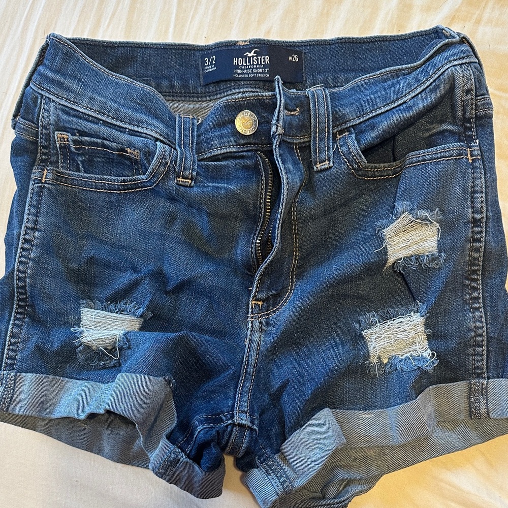 Hollister Dark Blue Distressed, Stretch Jean Shorts